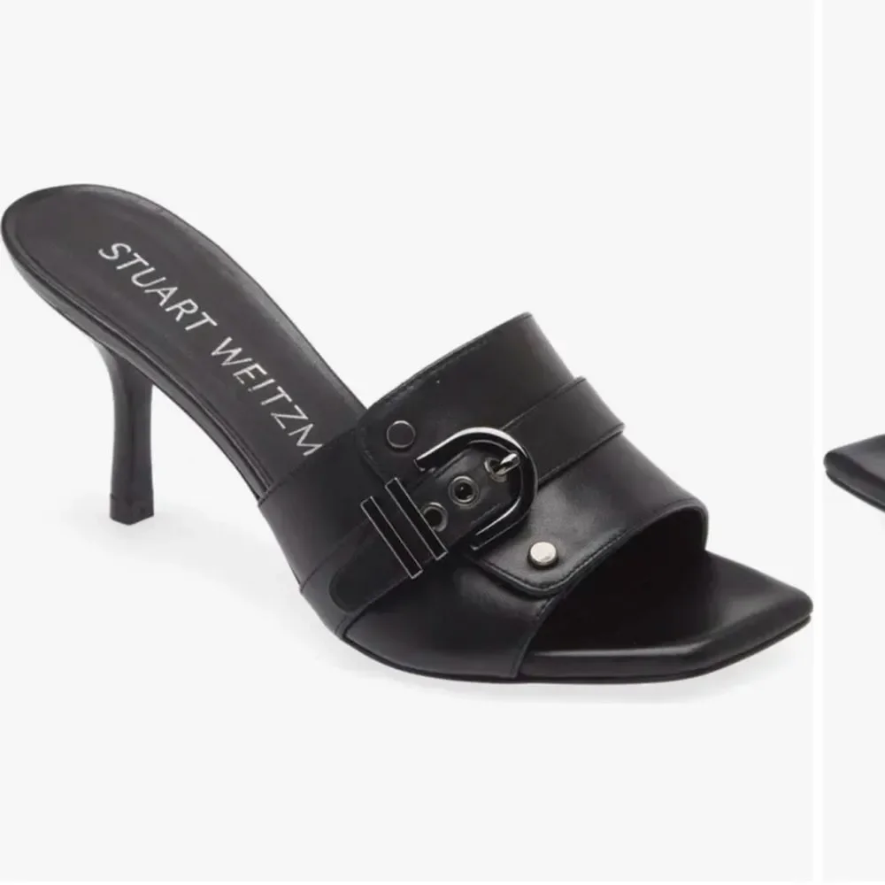 New Stuart Weitzman Black Leather Y2K 90s Mules with kitten heel Buckle Detail